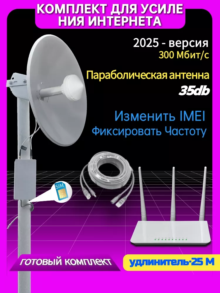 Интернет для дачи,3G 4G LTE,параболическая антенна 35дБ + удлинитель 25м + WiFi роутер полный комплект